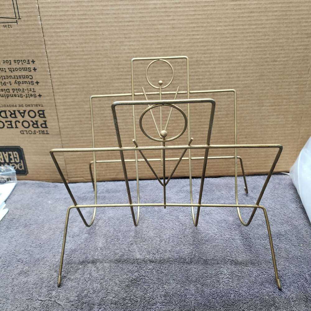 Vintage MCM Mid Century magazine rack holder Art Deco gold shlf
